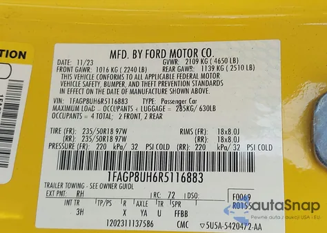 2024 Ford Mustang из США, поврежденный, VIN 1FAGP8UH6R5116883